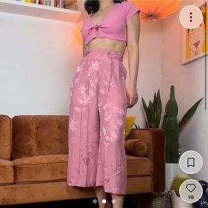 Vintage Pink Silk Oriental Leaf Print High Waisted Pants